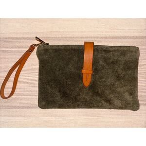 Garuglieri Italy Suede Leather Large Olive Green Wristlet 10”x6.5”